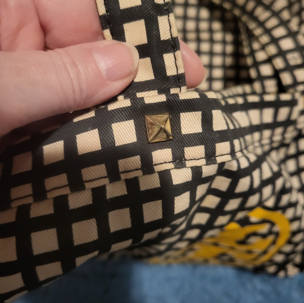 Black and Cream Grid Tote with Yellow Logo Accent - Picture 4 of 4